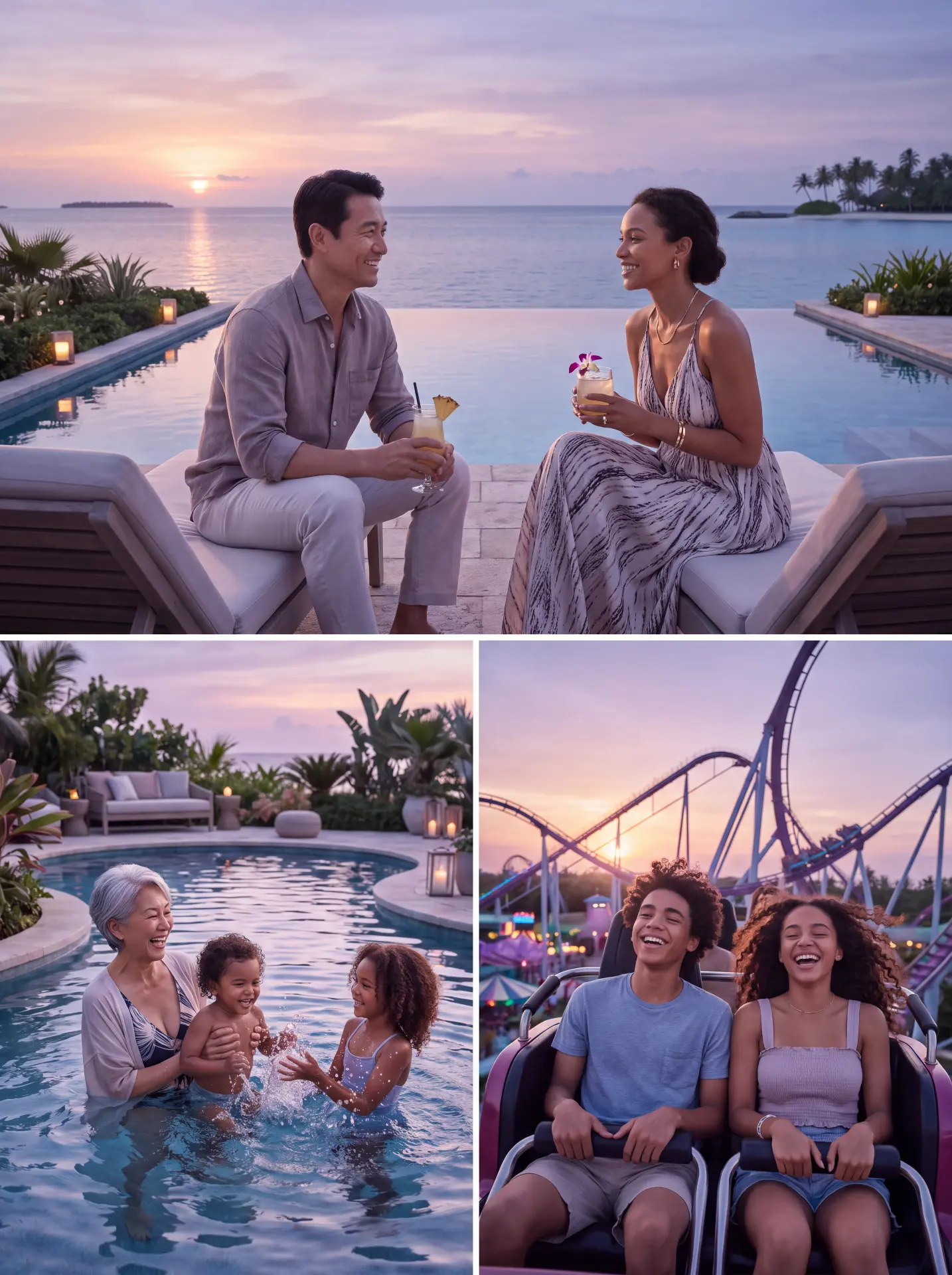 A family enjoying a luxury resort sunset with pool, cocktails, and amusement park moments